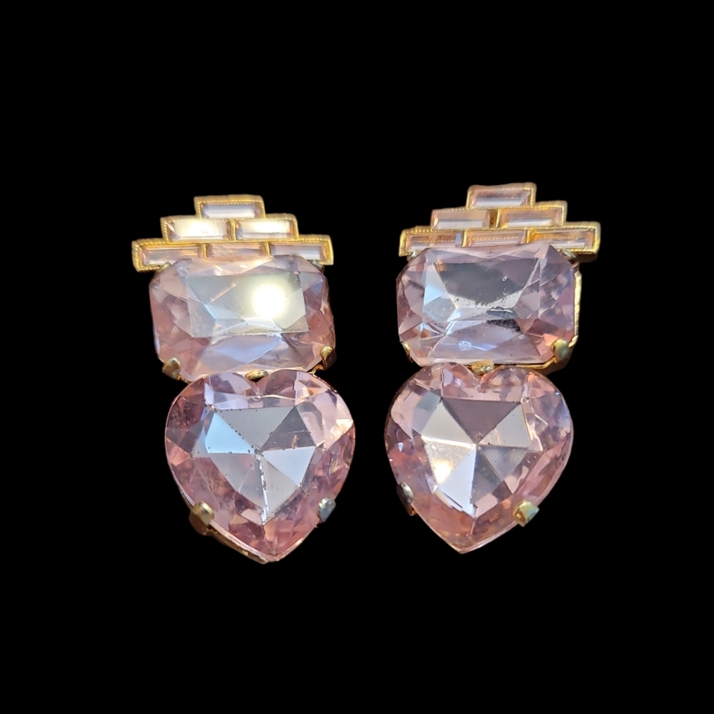 Zoe Coste Paris Pink Crystal Heart Statement Clip-on Earrings Rare Pink